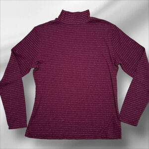 Nine West Shirt Womens XL Plum Turtleneck Long Sleeve Gold Metallic Stripes